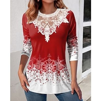 Women's T shirt Tee Christmas Shirt Red Snowflake Lace Print Long Sleeve Party Christmas Weekend Festival  Holiday Round Neck Regular Fit Painting Spring   Fall Lightinthebox
