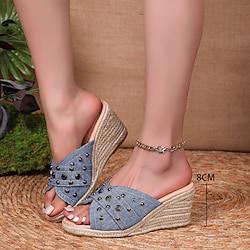 Women's Sandals Wedge Sandals Daily Beading Wedge Peep Toe Fashion Cloth Loafer Black Blue Lightinthebox