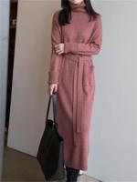 Autumn and winter new texture straight two-lapel knitted dress sweater with detachable belt