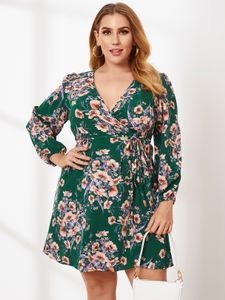 Plus Size Deep V Neck Floral Print Wrap Design Long Sleeves Mini Dress