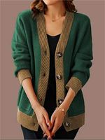 Women's V-neck Long-sleeved Sweater Cardigan Retro Contrast Sweater Jacket