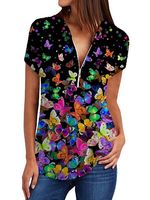 V Neck Butterfly Print Short Sleeve Blouse - thumbnail