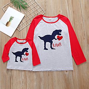 Mommy and Me Red Raglan-sleeve Dinosaur Print Top miniinthebox