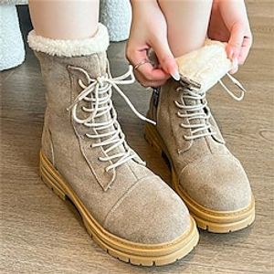 Women's Boots Combat Boots Plus Size Heel Boots Outdoor Daily Fleece Lined Mid Calf Boots Chunky Heel Round Toe Casual Comfort Faux Suede Zipper Solid Color Black Khaki miniinthebox