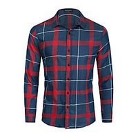 Men's Shirt Plaid Button-Down Long Sleeve Casual Tops Cotton Casual Fashion Comfortable Red Lightinthebox - thumbnail