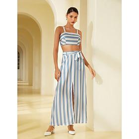 Satin Modern Belted Stripe Camisole Skirt Set