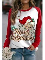 Women's Christmas Santa Claus Print Contrast Color Round Neck Sweatshirt