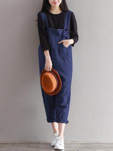 Pure Color Pocket Straps Loose Jumpsuit