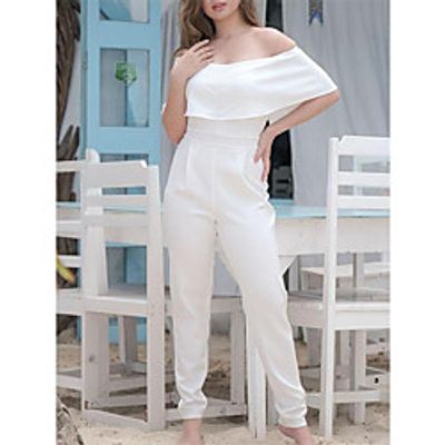 Jumpsuits Minimalist Elegant Party Wear Prom Dress Off Shoulder Short Sleeve Ankle Length Stretch Fabric with Solid 2021 Lightinthebox