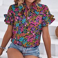 Women's Shirt Blouse Floral Casual Holiday Ruffle Print Purple Short Sleeve Fashion V Neck Summer Lightinthebox