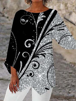 Casual Textured Printed Round Neck Long Sleeve Loose Blouse Casual Textured Printed Round Neck Long Sleeve Loose Blouse