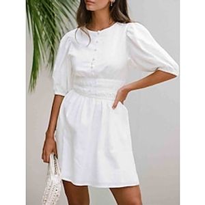 Women's Casual Dress White Dress A Line Dress Mini Dress Button Street Date Streetwear Basic Crew Neck Half Sleeve Regular Fit White Color S M L Size Lightinthebox