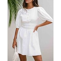 Women's Casual Dress White Dress A Line Dress Mini Dress Button Street Date Streetwear Basic Crew Neck Half Sleeve Regular Fit White Color S M L Size Lightinthebox - thumbnail