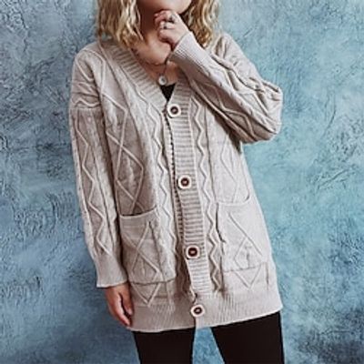 Women's Cardigan Sweater Jumper Cable Knit Pocket Knitted Pure Color V Neck Stylish Casual Daily Going out Fall Winter Black Blue S M L / Long Sleeve miniinthebox