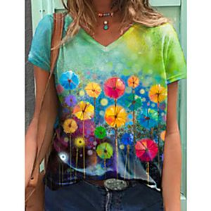 Women's Floral Theme Painting T shirt Graphic Dandelion Print V Neck Basic Tops Green Lightinthebox