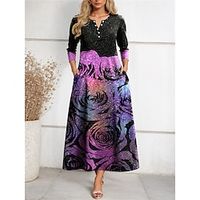 Women's Casual Dress Winter Dress Rose Print Button Crew Neck Midi Dress Streetwear A Line Street Date Long Sleeve Regular Fit Purple Fall Winter S M L XL XXL Lightinthebox - thumbnail