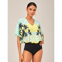 Gradient Palm Tree Print Casual Beach Bodysuit Vacation Style
