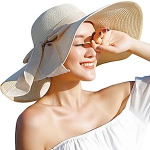 1 pcs Womens 5.5 Inches Big Bowknot Straw Hat Large Floppy Foldable Roll up Beach Cap Sun Hat UPF 50 Lightinthebox