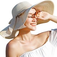 1 pcs Womens 5.5 Inches Big Bowknot Straw Hat Large Floppy Foldable Roll up Beach Cap Sun Hat UPF 50 Lightinthebox - thumbnail
