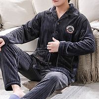 Men's Warm Breathable Loungewear Pajamas Sets Sleepwear Home Bed Basic Letter Polyester Simple Fashion Soft Fall Winter Lapel Long Sleeve Long Pant Lightinthebox - thumbnail