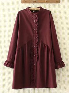 Casual Solid Stand Collar Ruffles Shirt Dress