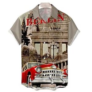 Men's Shirt Summer Hawaiian Shirt Letter Car Graphic Prints Turndown Green Khaki Street Casual Short Sleeves Button-Down Print Clothing Apparel Tropical Sports Streetwear Designer Lightinthebox