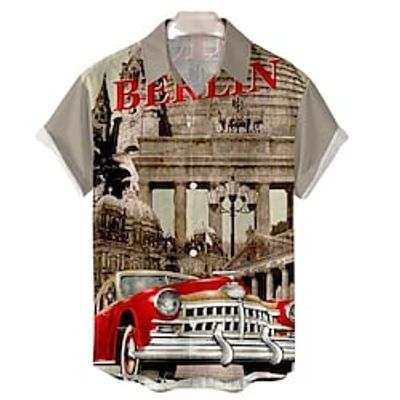 Men's Shirt Summer Hawaiian Shirt Letter Car Graphic Prints Turndown Green Khaki Street Casual Short Sleeves Button-Down Print Clothing Apparel Tropical Sports Streetwear Designer Lightinthebox