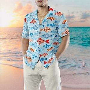 Men's Shirt Summer Hawaiian Shirt Graphic Prints Fish Turndown Blue Casual Holiday Short Sleeve Button-Down Print Clothing Apparel Tropical Fashion Streetwear Hawaiian miniinthebox