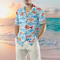 Men's Shirt Summer Hawaiian Shirt Graphic Prints Fish Turndown Blue Casual Holiday Short Sleeve Button-Down Print Clothing Apparel Tropical Fashion Streetwear Hawaiian miniinthebox - thumbnail