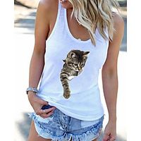 Women's Tank Top Vest T shirt Cat Racerback Print Round Neck Basic Tops White Gray miniinthebox - thumbnail