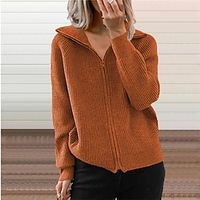 Women's Cardigan Sweater Jumper Ribbed Knit Zipper Knitted Pure Color Shirt Collar Stylish Casual Outdoor Going out Winter Fall Orange Dark Gray S M L / Cotton / Long Sleeve / Cotton / Regular Fit miniinthebox - thumbnail