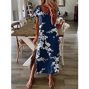 Women's Shift Dress Maxi long Dress Green Brown Navy Blue Short Sleeve Floral Split Print Spring Summer V Neck Casual Vacation 2022 S M L XL XXL 3XL miniinthebox