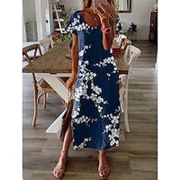 Women's Shift Dress Maxi long Dress Green Brown Navy Blue Short Sleeve Floral Split Print Spring Summer V Neck Casual Vacation 2022 S M L XL XXL 3XL miniinthebox - thumbnail