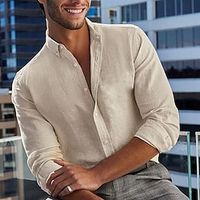 Men's Shirt Linen Shirt Button Up Shirt Beach Shirt Beige Long Sleeve Plain Lapel Spring   Fall Casual Daily Clothing Apparel Lightinthebox - thumbnail