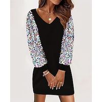 Women's Sequin Dress Mini Dress Black Pink Long Sleeve Plain Sequins Spring Fall Winter V Neck Party Vacation S M L XL Lightinthebox - thumbnail