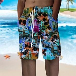 Men's Shorts Beach Shorts Baggy Shorts Drawstring Elastic Waist Graphic Building Breathable Soft Short Casual Daily Holiday Streetwear Hawaiian Yellow Blue Micro-elastic miniinthebox