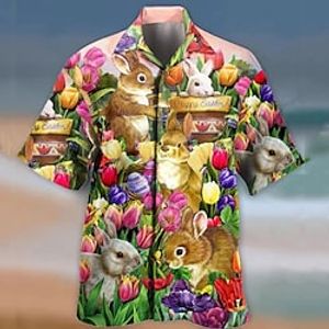 Men's Shirt Summer Hawaiian Shirt Floral Rabbit Graphic Prints Cuban Collar Pink Casual Hawaiian Short Sleeve Button-Down Print Clothing Apparel Sports Fashion Streetwear Designer Lightinthebox