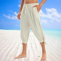 Men's Linen Pants Summer Pants Beach Pants Drawstring Elastic Waist Plain Comfort Breathable Calf-Length Daily Holiday Vacation Linen Cotton Blend Hawaiian Boho ArmyGreen Black Micro-elastic Lightinthebox