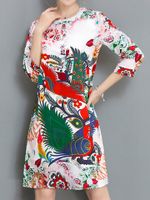 Folk Style Print Three Quarter Sleeve O-neck Women Dress