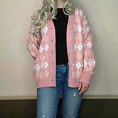 Women's Cardigan Modern Style Check Basic Casual Long Sleeve Loose Sweater Cardigans V Neck Fall Winter Blue Blushing Pink Black Lightinthebox