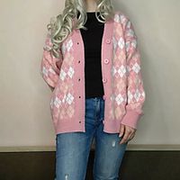 Women's Cardigan Modern Style Check Basic Casual Long Sleeve Loose Sweater Cardigans V Neck Fall Winter Blue Blushing Pink Black Lightinthebox - thumbnail