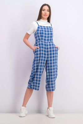 Womens Petite Plaid Jumpsuit Blue/White Womens Petite Plaid Jumpsuit Blue/White