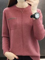 Round Neck Elegant Plain Long Sleeve Knit Pullover - thumbnail