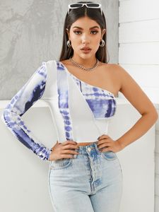 Blue Tie Dye Contrast Stitch One Shoulder Long Sleeves Tee