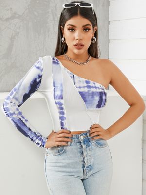 Blue Tie Dye Contrast Stitch One Shoulder Long Sleeves Tee