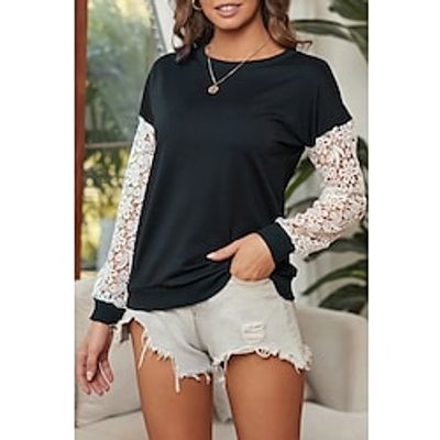 Women's T shirt Tee Plain Casual Weekend T shirt Tee Long Sleeve Lace Patchwork Round Neck Basic Essential Black S Lightinthebox