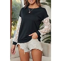 Women's T shirt Tee Plain Casual Weekend T shirt Tee Long Sleeve Lace Patchwork Round Neck Basic Essential Black S Lightinthebox - thumbnail