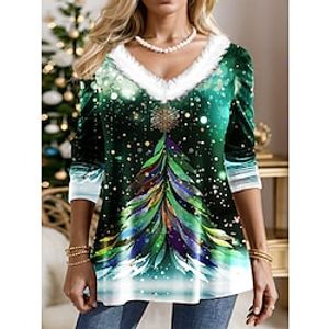 Christmas Shirt Women's T shirt Tee Christmas Tree Yellow Pink Blue Print Long Sleeve Party Christmas Weekend Festival  Holiday Fur Collar Regular Fit Fall  Winter Lightinthebox