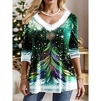 Christmas Shirt Women's T shirt Tee Christmas Tree Yellow Pink Blue Print Long Sleeve Party Christmas Weekend Festival  Holiday Fur Collar Regular Fit Fall  Winter Lightinthebox - thumbnail
