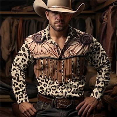 Leopard Floral Vintage western style Men's Shirt Western Shirt Outdoor Street Casual Daily Fall  Winter Turndown Long Sleeve Brown Gray S M L Shirt Lightinthebox